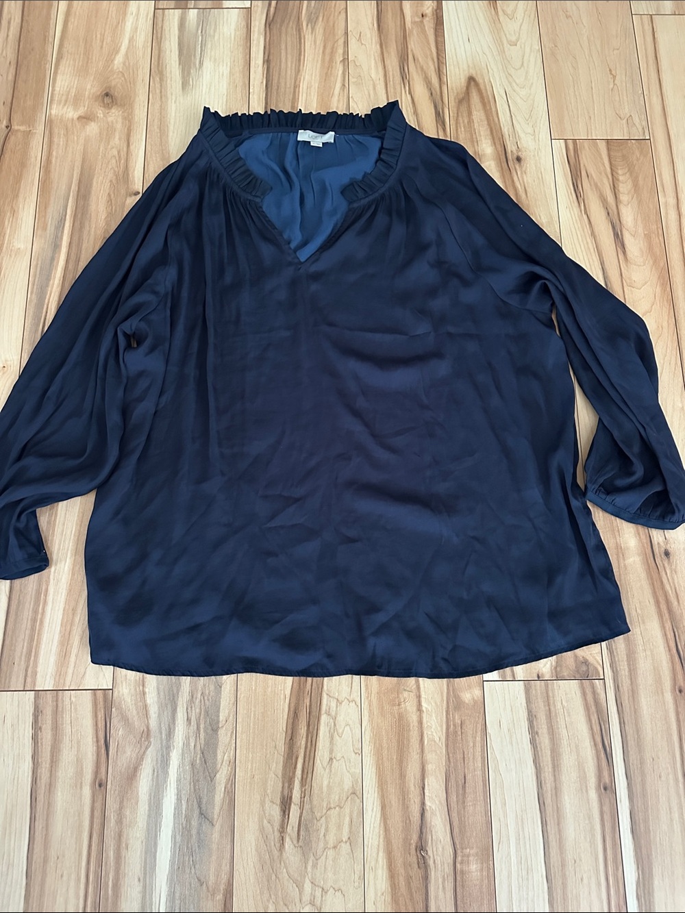 LOFT Navy V-Neck Ruffle-Trim Long Sleeve Blouse